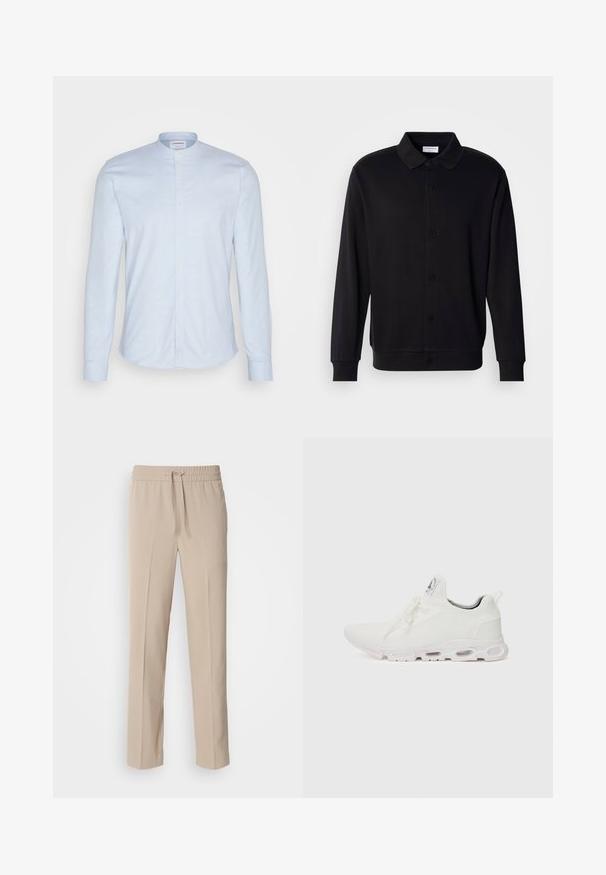 Lindbergh Tröja med dragkedja - black; Ljusblå långärmad skjorta med mandarin-krage, med knappstängning och mjukt, texturerat tyg. Skräddarsydd passform med rundad nederkant.; Beiga, avslappnade byxor i mjukt tyg, med elastisk midja och dragsnöre samt raka ben med minimala detaljer.; Vitaidande sportskor i vitt med en texturerad stickad ovandel, platta snören och en vadderad sula med synliga luftkammare för extra stöd.