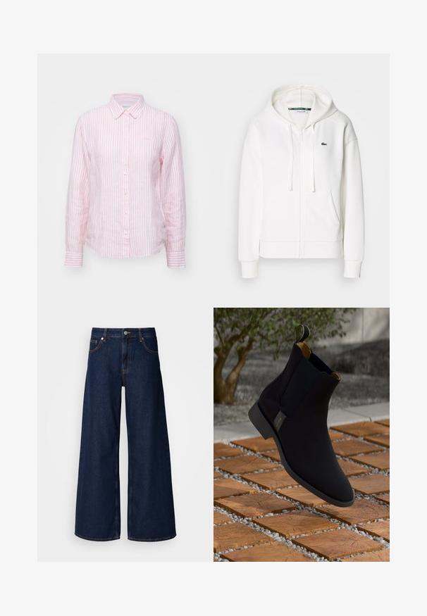 Sudadera blanca con cremallera hecha de tela suave, que cuenta con una capucha, bolsillos tipo canguro y un pequeño logo verde de Lacoste en el lado izquierdo del pecho.; Camisa de botones a rayas rosas y blancas con mangas largas, hecha de un tejido ligero, que presenta un cuello clásico y un dobladillo curvado.; Jeans de mezclilla azul oscuro de pierna ancha con una cintura alta, bolsillos frontales y cierre de botón. Presentan costuras en contraste y una textura suave.; Botín de cuero negro hasta el tobillo con un acabado suave, forro interior amarillo y una lengüeta; colocado sobre una superficie de madera texturizada y grava.