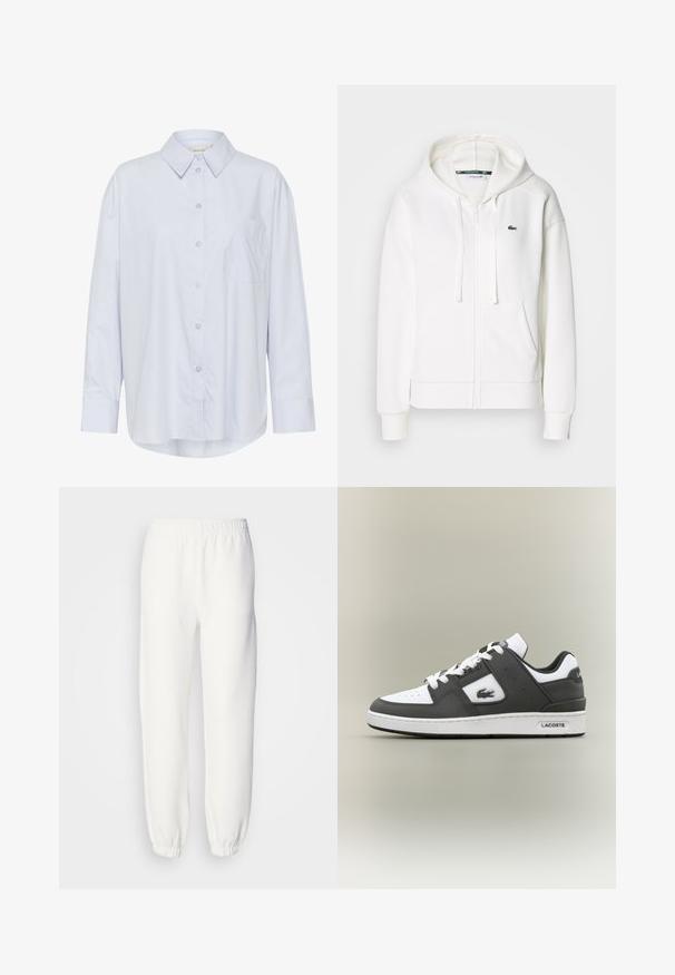 White zip-up hoodie made of soft fabric, featuring a hood, kangaroo pockets, and a small green Lacoste logo on the left chest.; Light blue button-up shirt made of smooth fabric, featuring a classic collar, long sleeves, front pocket, and rounded hem.; White sweatpants made of soft, knitted fabric. Elastic waistband and cuffs provide a relaxed fit. Minimalist design, no visible patterns or accents.; Black and white Lacoste sneaker with white laces, perforated toe, crocodile logo on side, and branded sole on a neutral background.