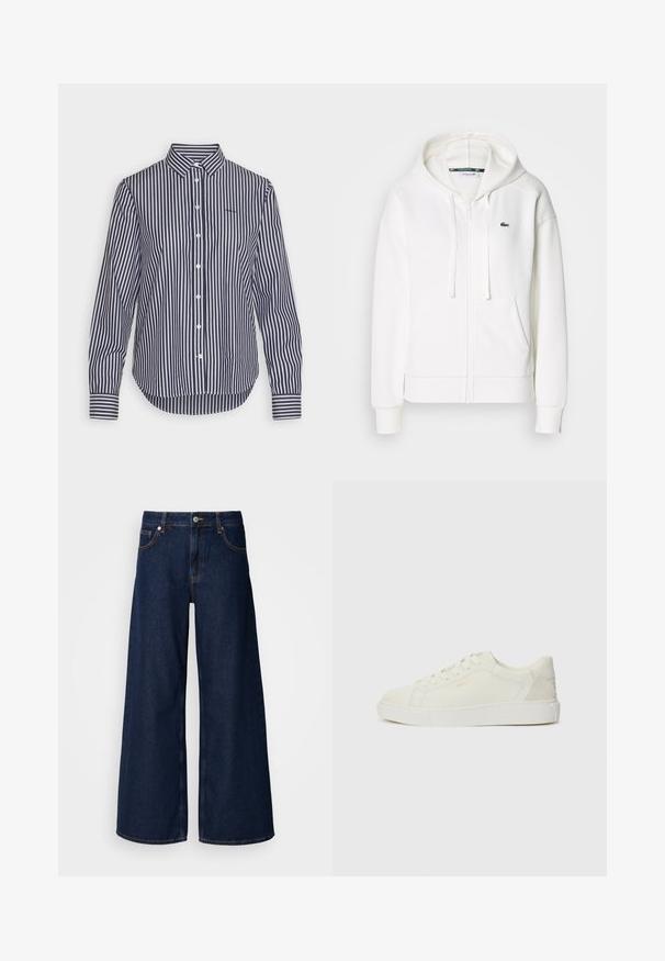 Valge lukuga kapuutsiga dressipluus, mis on valmistatud pehmest kangast. Sellel on kapuuts, konksukotid ja vasakul rinnal väike roheline Lacoste logo.; Tumesinine ja valge triibuline pikakäine särk klassikalise krae, nööbiga kinnituse ja kontrastsete mansettide detailidega. Pehme materjal sileda tekstuuriga.; Laialised tumedast sinisest denimist teksad kõrge vöökoha ja esipocketitega, millel on nööbikinnitus. Omab kontrastset õmblust ja siledat tekstuuri.; Valged nahast treeningjalatsid, millel on sile pind, ümar varvas, paelad ja kerge platvormi talla disain. Küljel on diskreetne kuldne brändimine.