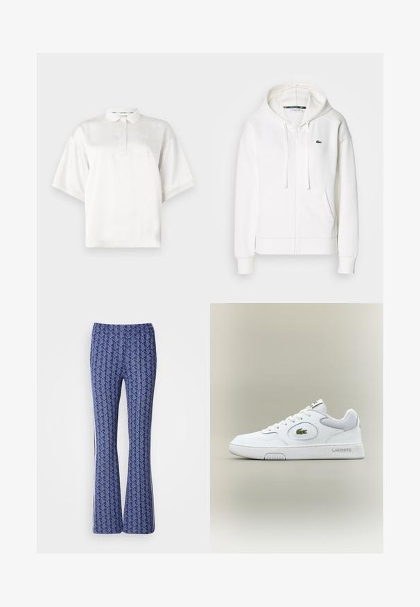 Sudadera blanca con cremallera hecha de tela suave, que cuenta con una capucha, bolsillos tipo canguro y un pequeño logo verde de Lacoste en el lado izquierdo del pecho.; Camisa polo de manga corta blanca, confeccionada en tejido suave, que presenta una tapeta delantera con tres botones y un logo bordado en el lado izquierdo del pecho.; Pantalones acampanados de color azul con un diseño geométrico, cinturilla elástica y rayas blancas en los laterales. Textura suave en toda su superficie.; Zapatilla blanca de cuero con detalles de malla, punta redonda y cordones planos. Presenta un logo de cocodrilo verde y la marca "LACOSTE" en el talón.