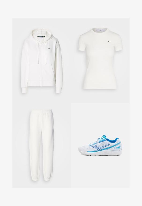 Bílá mikina na zip vyrobená z měkké látky, s kapucí, klokankovými kapsami a malým zeleným logem Lacoste na levé straně hrudi.; Bílý krátký rukáv žebrované tričko s kulatým výstřihem a malým zeleným logem krokodýla Lacoste na levé hrudi. Hladká bavlněná tkanina.; Bílé tepláky vyrobené z měkké pleteniny. Elastický pás a manžety zajišťují pohodlný střih. Minimalistický design, žádné viditelné vzory nebo akcenty.; Bílé sportovní boty s modrými akcenty, síťovina a syntetické materiály, zaoblená špička, texturované strany a šněrování.