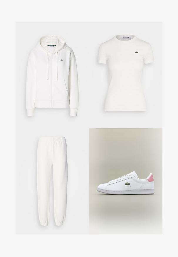 Fehér cipzáras kapucnis pulóver, puha anyagból, kapucnival, kenguru zsebekkel és egy kis zöld Lacoste logóval a bal mellen.; Fehér, rövid ujjú bordás póló kerek nyakkivágással és egy kis zöld Lacoste krokodil logóval a bal mellen. Simaságú pamut anyag.; Fehér melegítőnadrág puha, kötött anyagból. Rugalmas derékpánt és szegélyek lazán illeszkednek. Minimalista dizájn, látható minták vagy díszítések nélkül.; Fehér bőr sneaker rózsaszín sarkú akcentussal, zöld logóval és fűzős dizájnnal. Simább textúra, lekerekített orr és gumitalp.
