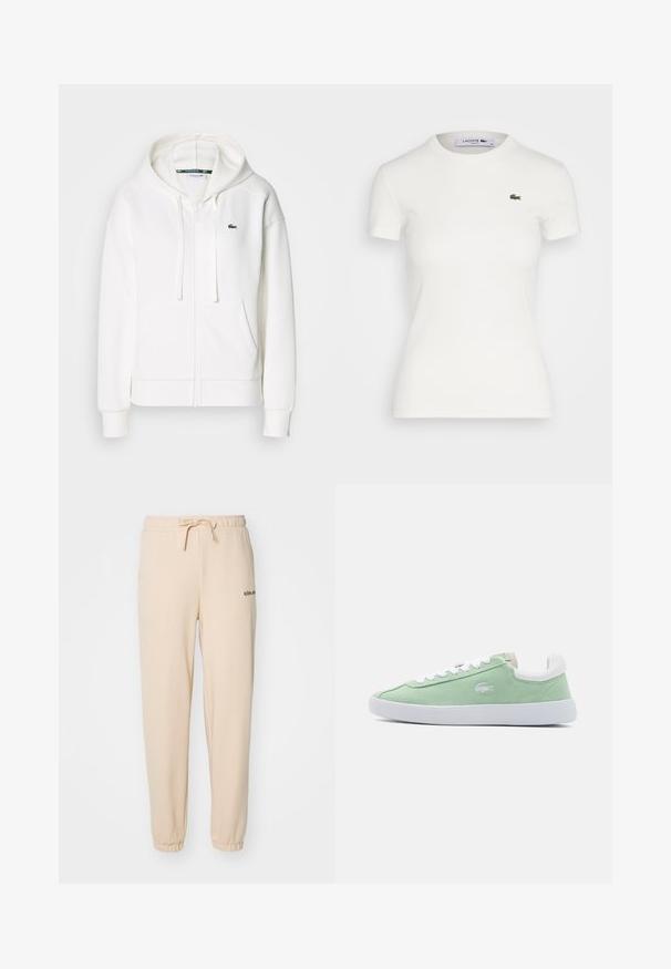 Biely zipsový mikina vyrobená z mäkkej tkaniny, s kapucňou, klokankovými vreckami a malým zeleným logom Lacoste na ľavej hrudi.; Biela krátkorpová ribkovaná tričko s okrúhlym výstrihom a malým zeleným logom krokodíla Lacoste na ľavej hrudi. Hladká bavlnená tkanina.; Bežové flísové tepláky s elastickým pásom, nastaviteľnou šnúrkou a priliehavými manžetami. Na boku majú malú čiernu nášivku.; Zelené zamatové tenisky s bielymi šnúrkami a pätou. Obsahujú jemné logo na boku a štruktúrované detaily blízko päty. Plochá gumová podrážka.