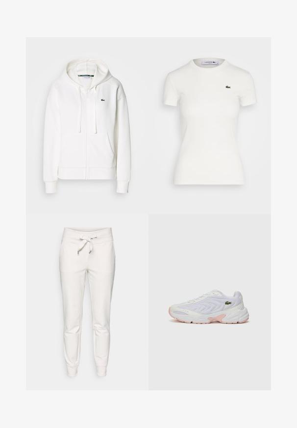 Bílá mikina na zip vyrobená z měkké látky, s kapucí, klokankovými kapsami a malým zeleným logem Lacoste na levé straně hrudi.; Bílý krátký rukáv žebrované tričko s kulatým výstřihem a malým zeleným logem krokodýla Lacoste na levé hrudi. Hladká bavlněná tkanina.; Bílé tepláky vyrobené z měkké tkaniny, s elastickým pasem na šnůrku, elastickými manžetami a dvěma bočními kapsami pro praktičnost.; Bílé sportovní boty s texturovaným meshovým svrškem, jemnými růžovými akcenty na podrážce a zeleným krokodýlím logem na boku.