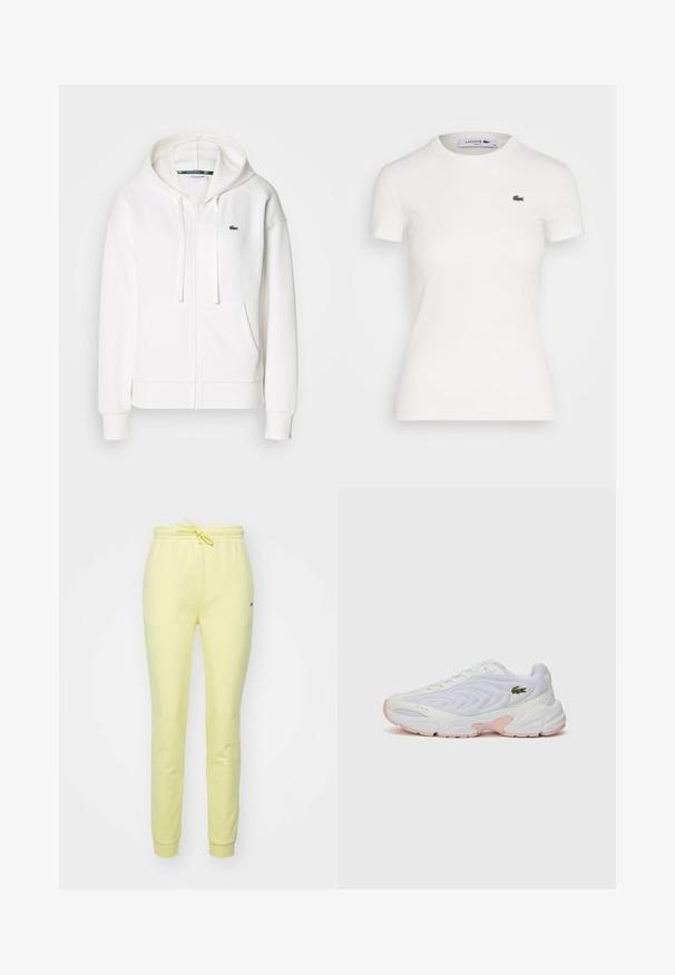 Bela zip-up kapuca iz mehkega materiala, z kapuco, kenguru žepi in majhnim zelenim Lacoste logotipom na levi strani prsnega koša.; Bela kratka majica s kratkimi rokavi iz rebrastega materiala z okroglim izrezom in majhnim zelenim logotipom krokodila Lacoste na levem prsnem delu. Gladko bombažno blago.; Svetlo rumeni trenirke z elastičnim pasom, nastavljivo vrvico in zoženimi hlačnicami. Imajo majhen logotip blagovne znamke na strani.; Bele športne čevlje z teksturirano mrežasto zgornjim delom, subtilnimi rožnatimi akcenti na podplatu in zelenim krokodilovim logotipom na strani.
