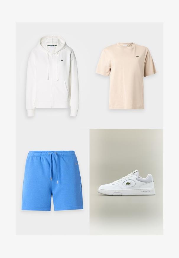 White zip-up hoodie made of soft fabric, featuring a hood, kangaroo pockets, and a small green Lacoste logo on the left chest.; Beige cotton t-shirt with a crew neckline, short sleeves, and a small green embroidered crocodile logo on the left chest.; Blue cotton shorts with an elastic waistband, drawstring, and gold-tone hardware. Feature a smooth texture and side pockets.; White leather sneaker with mesh accents, round toe, and flat laces. Features a green crocodile logo and "LACOSTE" branding on the heel.