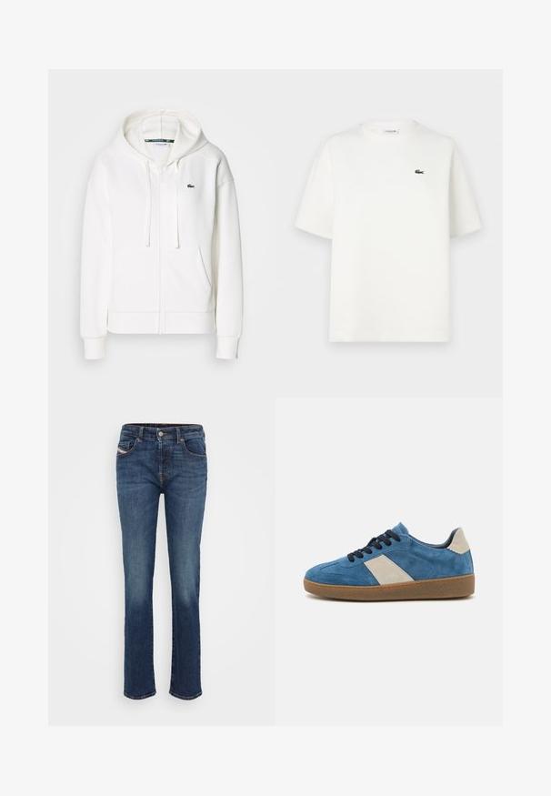 Sudadera blanca con cremallera hecha de tela suave, que cuenta con una capucha, bolsillos tipo canguro y un pequeño logo verde de Lacoste en el lado izquierdo del pecho.; Camiseta blanca de algodón con mangas cortas, cuello redondo y un pequeño logo verde de Lacoste en el lado izquierdo del pecho. Presenta un corte relajado y una textura suave.; Jeans de mezclilla azul con corte recto, que cuentan con cinco bolsillos, cremallera y botón, y detalles de costura sutil.; Zapatillas de ante azul con un acento de cuero beige, cordones oscuros y una suela de goma texturizada; diseño de perfil bajo con puntera redondeada.