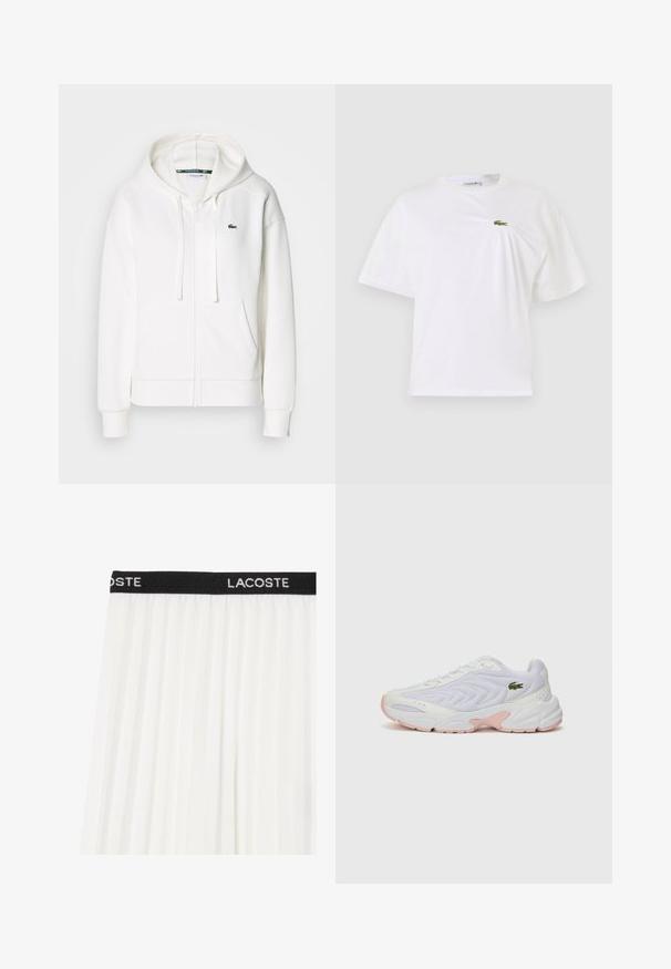 Veste à zip blanche en tissu doux, dotée d'une capuche, de poches kangourou et d'un petit logo vert Lacoste sur la poitrine gauche.; T-shirt en coton blanc à coupe décontractée, avec un petit logo vert brodé sur la poitrine. Manches courtes et encolure ronde.; Jupe plissée blanche avec une taille en noir comportant "LACOSTE" brodé en blanc. Tissu léger et fluide avec une texture douce.; Baskets blanches de sport avec une tige en mesh texturé, de subtiles accents roses sur la semelle et un logo de crocodile vert sur le côté.