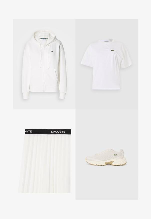 Veste à zip blanche en tissu doux, dotée d'une capuche, de poches kangourou et d'un petit logo vert Lacoste sur la poitrine gauche.; T-shirt en coton blanc à coupe décontractée, avec un petit logo vert brodé sur la poitrine. Manches courtes et encolure ronde.; Jupe plissée blanche avec une taille en noir comportant "LACOSTE" brodé en blanc. Tissu léger et fluide avec une texture douce.; Baskets Lacoste en maille crème avec motif en vagues texturé, accents beige et logo subtil sur le côté. Semelle intermédiaire blanche épaisse et semelle extérieure en caoutchouc.