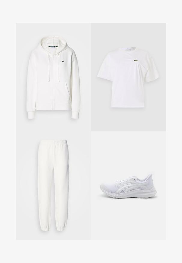Felpa bianca con zip realizzata in tessuto morbido, dotata di cappuccio, tasche a marsupio e un piccolo logo verde di Lacoste sul lato sinistro del petto.; Maglietta bianca in cotone con vestibilità rilassata, caratterizzata da un piccolo logo verde ricamato sul petto. Maniche corte e scollatura rotonda.; Pantaloni della tuta bianchi realizzati in morbido tessuto lavorato a maglia. La vita e i polsini elasticizzati offrono una vestibilità rilassata. Design minimalista, senza motivi o accenti visibili.; ASICS JOLT 4 - Scarpe da corsa su strada - white/pure silver