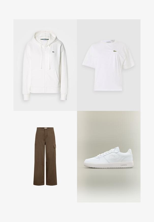 Hvit zip-genser laget av myk stoff, med hette, kenguru-lommer og en liten grønn Lacoste-logo på venstre bryst.; Hvit bomulls T-skjorte med avslappet passform, med en liten grønn brodert logo på brystet. Korte ermer og rund hals.; Brune vide cargo bukser lavet af bomuld med knaplukning, der har sidelommer og en glat, blød overflade.; Hvit lær sneaker med en jevn finish, rund tå, snøredesign og en subtil preget logo på siden. Har en gummisåle.