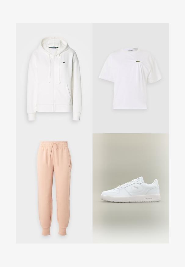 Witte zip-up hoodie gemaakt van zachte stof, met een capuchon, kangoeroezakken en een klein groen Lacoste-logo op de linkerborst.; Witte katoenen t-shirt met een relaxte pasvorm, voorzien van een klein groen geborduurd logo op de borst. Korte mouwen en een ronde halslijn.; Lichtroze joggingbroek met een elastische tailleband en verstelbaar koord, voorzien van taps toelopende boorden en zijzakken, gemaakt van zachte stof.; Witte leren sneaker met een gladde afwerking, ronde neus, vetersluiting en een subtiel reliëflogo aan de zijkant. Beschikt over een rubberen zool.