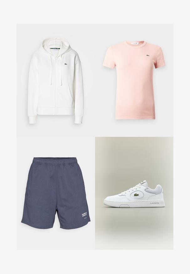 Sweatshirt branca com fecho éclair, feita de um tecido macio, com capuz, bolsos tipo canguru e um pequeno logótipo verde da Lacoste no lado esquerdo do peito.; T-shirt rosa claro com mangas curtas caneladas, gola redonda e um pequeno logótipo verde do crocodilo Lacoste no lado esquerdo do peito.; Calções atléticos azul marinho com uma cintura elástica, bolsos laterais e um pequeno logotipo branco na bainha inferior. Tecido liso e leve.; Sapatilha de couro branco com detalhes em malha, bico redondo e atacadores planos. Apresenta um logo de crocodilo verde e a marca "LACOSTE" no calcanhar.