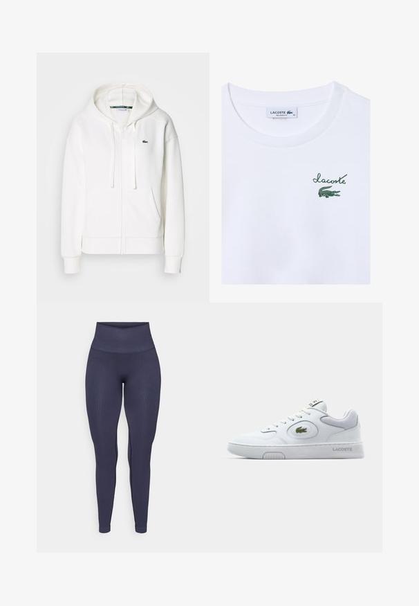 White zip-up hoodie made of soft fabric, featuring a hood, kangaroo pockets, and a small green Lacoste logo on the left chest.; White cotton t-shirt with a relaxed fit; features green "Lacoste" logo and crocodile graphic on the left chest area.; Navy blue ribbed leggings with a high waistband, form-fitting design, and a smooth texture, featuring subtle side seam details.; White sneaker with synthetic upper, round toe, and perforated accents. Features a green embroidered logo, flat laces, and textured outsole.