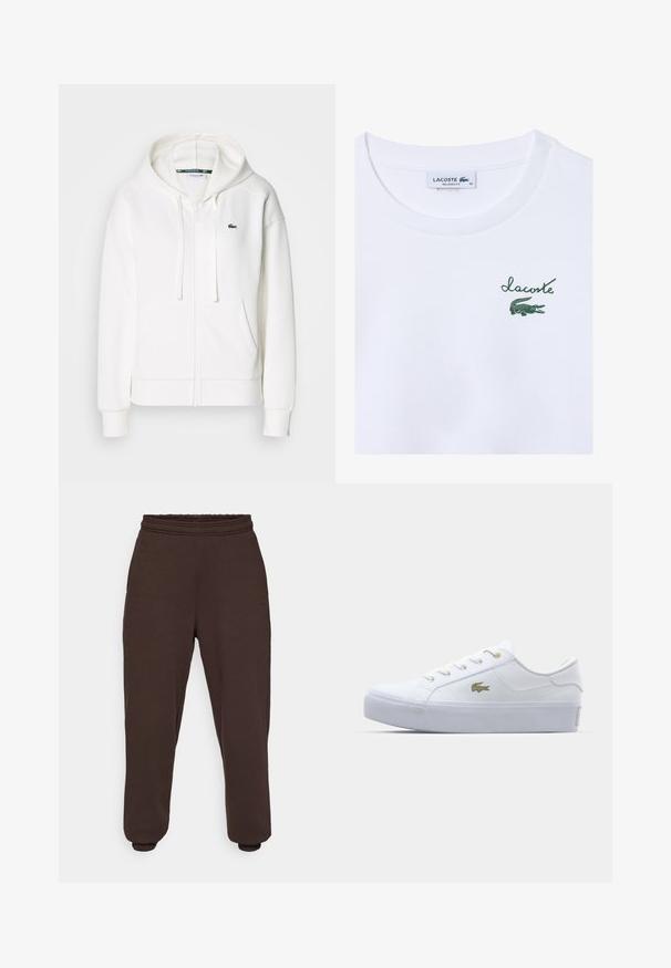 White zip-up hoodie made of soft fabric, featuring a hood, kangaroo pockets, and a small green Lacoste logo on the left chest.; White cotton t-shirt with a relaxed fit; features green "Lacoste" logo and crocodile graphic on the left chest area.; Dark brown sweatpants made from soft fabric, featuring an elastic waistband and elastic cuffs at the ankles. Minimalistic design with no patterns.; White sneakers featuring a smooth synthetic upper, round toe, flat laces, gold logo accent, and textured rubber sole for grip.