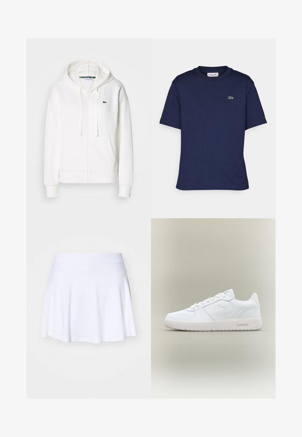 Hvit zip-genser laget av myk stoff, med hette, kenguru-lommer og en liten grønn Lacoste-logo på venstre bryst.; Korte ermer mørkeblå t-skjorte laget av bomull, med rund hals og en liten grønn Lacoste-logo på venstre bryst.; Hvit skaterkjole laget av myk, elastisk stoff med bredt liv. Har en blåst design og jevn kant.; Hvit lær sneaker med en jevn finish, rund tå, snøredesign og en subtil preget logo på siden. Har en gummisåle.