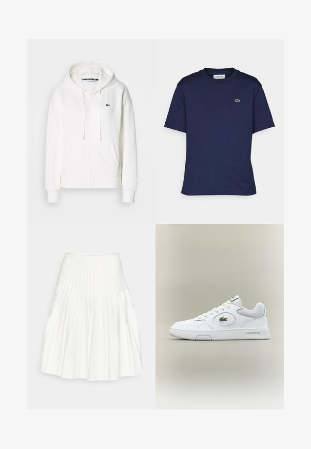 Veste à zip blanche en tissu doux, dotée d'une capuche, de poches kangourou et d'un petit logo vert Lacoste sur la poitrine gauche.; T-shirt bleu marine à manches courtes en coton, avec un col rond et un petit logo vert Lacoste sur la poitrine gauche.; Jupe plissée blanche avec une taille lisse, un tissu fluide et des plis verticaux créant de la texture et du volume.; Baskets en cuir blanc avec des accents en mesh, bout rond et lacets plats. Présente un logo crocodile vert et une marque "LACOSTE" sur le talon.