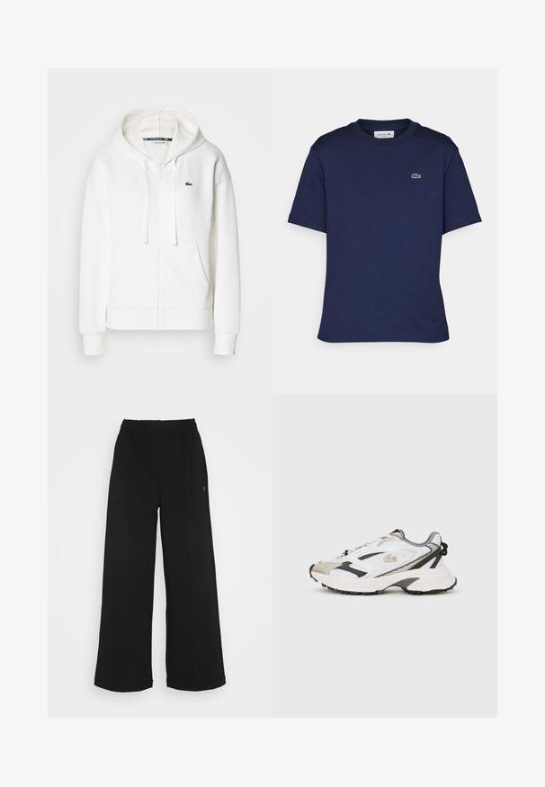 Hanorac alb cu fermoar, realizat dintr-un material moale, având glugă, buzunare tip cangur și un mic logo verde Lacoste pe partea stângă a pieptului.; Tricou cu mânecă scurtă, de culoare albastru închis, din bumbac, cu guler rotund și un mic logo verde Lacoste pe partea stângă a pieptului.; Pantaloni negri cu picioare largi, cu un cordon elastic la talie. Realizați dintr-un material moale și ușor. Prezintă cusături verticale pe față.; Adidași albi și gri cu upper din plasă, accente negre și talpă texturată. Prezintă șireturi, branding și elemente de design contrastante.