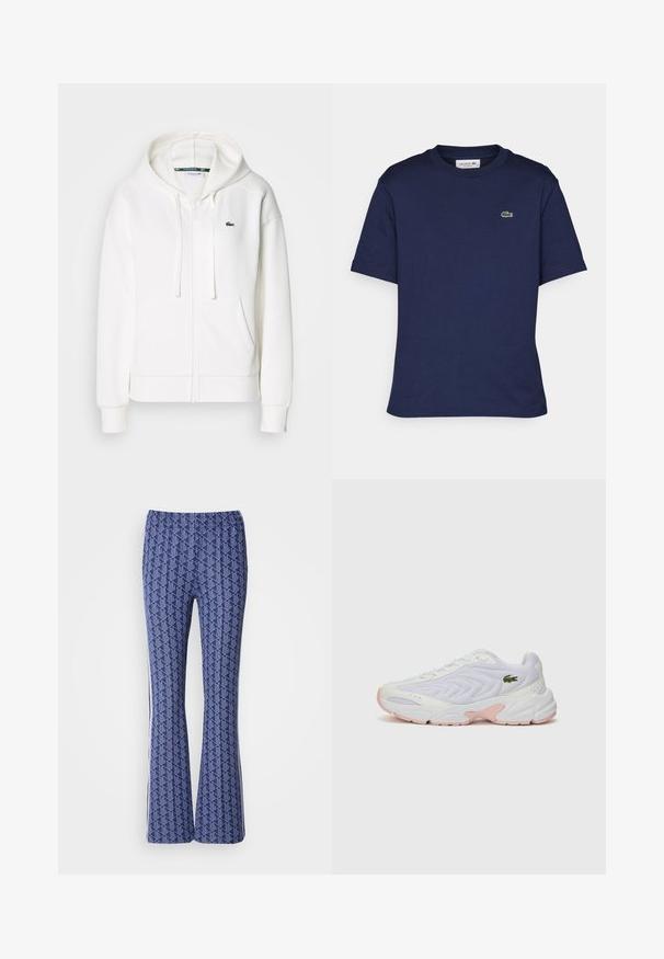Vit zip-up hoodie gjord av mjukt tyg, med en huva, kängurufickor och en liten grön Lacoste-logga på vänster bröst.; Korta ärmar navyblå t-shirt i bomull, med rund halsringning och en liten grön Lacoste-logotyp på vänster bröst.; Blåmönstrade utsvängda byxor med geometrisk design, elastisk midja och vita ränder på sidorna. Slät textur över hela byxan.; Vitaidrottskor i vitt med en strukturerad mesh-överkonstruktion, subtila rosa detaljer på sulan och en grön krokodil-logotyp på sidan.