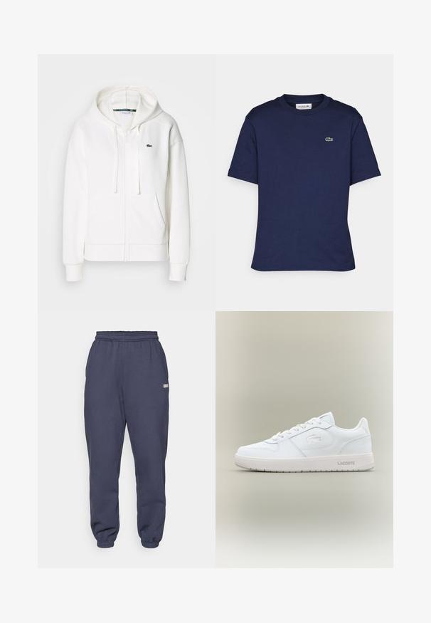 Bílá mikina na zip vyrobená z měkké látky, s kapucí, klokankovými kapsami a malým zeleným logem Lacoste na levé straně hrudi.; Krátký rukáv námořnické modré tričko vyrobené z bavlny, s kulatým výstřihem a malým zeleným logem Lacoste na levé hrudi.; Námořnické modré tepláky vyrobené z měkkého materiálu; mají elastický pás a manžety, s malou etiketou na boku.; Bílé kožené tenisky s hladkým povrchem, kulatou špičkou, šněrovacím designem a jemným embosovaným logem na boku. Mají gumovou podrážku.