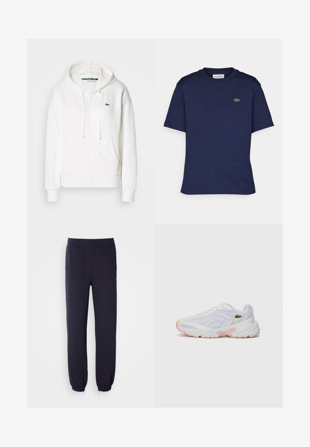 Balts zip-up kapuci džemperis, izgatavots no mīkstas auduma, ar kapuci, kangoru kabatām un mazu zaļu Lacoste logotipu kreisajā krūtī.; Īsām piedurkņu nakts zilas krāsas krekliņš, izgatavots no kokvilnas, ar apaļu kakla izgriezumu un mazu zaļu Lacoste logotipu kreisajā krūtī.; Jūras spēku svārki ar elastīgu jostasvietu un sašaurinātiem maliņām. Izgatavoti no mīksta auduma ar gludu tekstūru, bez redzamām rakstām vai rotājumiem.; Baltas sporta apavi ar tekstūru tīkla virsmu, diskrētām rozā akcentiem uz zoles un zaļu krokodila logotipu sānos.
