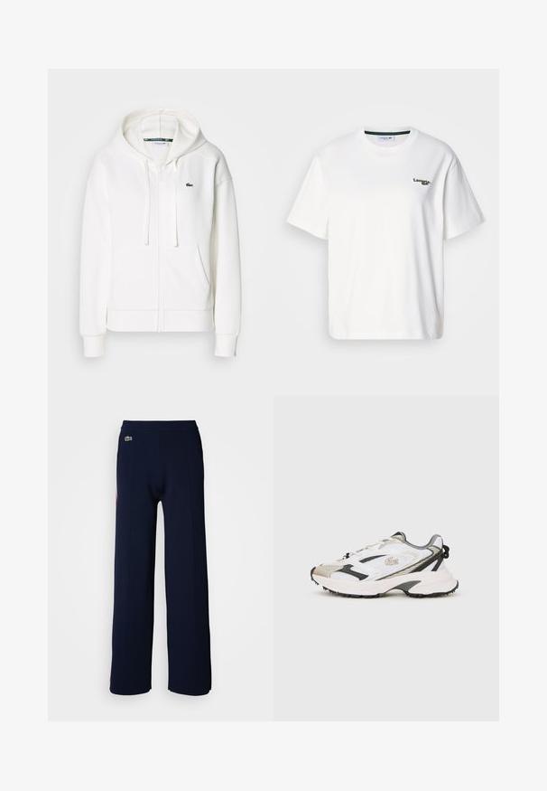 Biely zipsový mikina vyrobená z mäkkej tkaniny, s kapucňou, klokankovými vreckami a malým zeleným logom Lacoste na ľavej hrudi.; Biely bavlnený tričko s voľným strihom, s zeleným vyšitým logom na ľavej hrudi a okrúhlym výstrihom. Hladká textúra.; Námornícky modré nohavice s širokými nohavicami a jemnou textúrou, s rebrovaným pásom a malým zeleným logom na prednej strane, zdôrazňujúce čistý dizajn.; Biele a šedé tenisky s priedušným zvrškom, čiernymi akcentmi a textúrovanou podrážkou. Obsahujú šnúrky, branding a kontrastné dizajnové prvky.