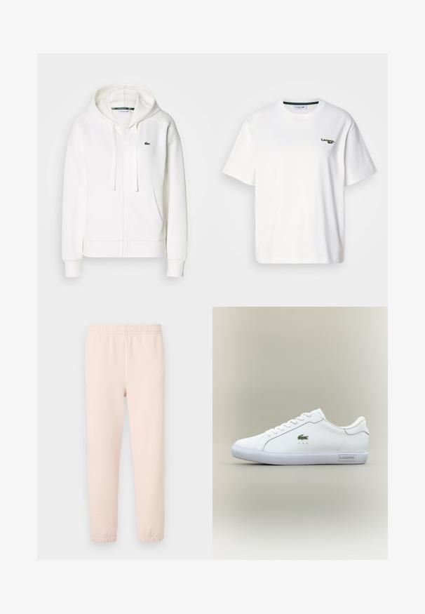 Biely zipsový mikina vyrobená z mäkkej tkaniny, s kapucňou, klokankovými vreckami a malým zeleným logom Lacoste na ľavej hrudi.; Biely bavlnený tričko s voľným strihom, s zeleným vyšitým logom na ľavej hrudi a okrúhlym výstrihom. Hladká textúra.; Svetloružové tepláky s elastickým pásom a zúženými manžetami, vyrobené z mäkkej zmesi bavlny s hladkou štruktúrou.; Biele nízke tenisky s bielymi šnúrkami, zeleným krokodílim logom na boku a štítkom "Lacoste" na podrážke na neutrálne pozadí.