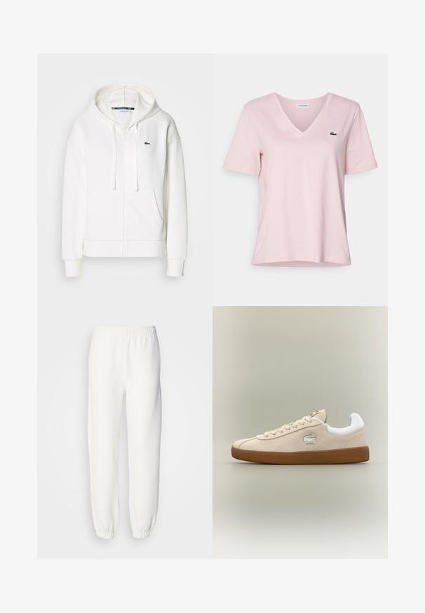 Bijela zip-up dukserica od mekanog materijala, s kapuljačom, kengur džepovima i malim zelenim Lacoste logom na lijevoj strani grudi.; Svijetlo ružičasta pamučna majica s V-izrezom i kratkim rukavima, s malim zelenim izvezеним logotipom krokodila na lijevoj strani prsnog koša.; Bijele dukserice od mekog, pletenog materijala. Elastična pojas i manžetne pružaju opuštenu siluetu. Minimalistički dizajn, bez vidljivih uzoraka ili detalja.; Bežsuede tenisice s bijelim detaljima i gumenim potplatom. Imaju izbočeni logo sa strane i kontrastne bež vezice. Klasični dizajn.