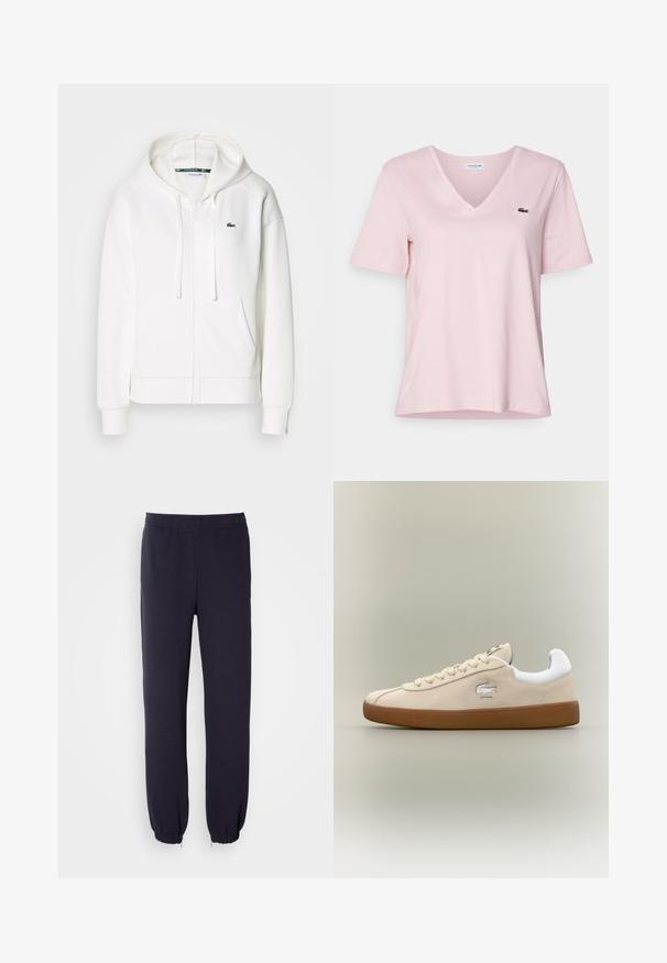 Vit zip-up hoodie gjord av mjukt tyg, med en huva, kängurufickor och en liten grön Lacoste-logga på vänster bröst.; Ljust rosa bomullströja med v-ringning och korta ärmar, med en liten grön broderad krokodil-logotyp på vänster bröst.; Marina sweatpants med elastisk midja och dragsko i nederkant. Tillverkade av mjukt tyg med en slät yta, utan synliga mönster eller dekorationer.; Beige mocka sneakers med vita detaljer och gummisula. Har en upphöjd logotyp på sidan och kontrasterande beige snören. Klassisk design.