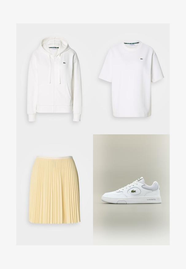Balta užtrauktuku uždaroma hoodie pagaminta iš minkštos medžiagos, su kapišonu, kengūros kišenėmis ir mažuoju žaliuoju Lacoste logotipu kairėje krūtinės pusėje.; Balta trumpomis rankovėmis Lacoste marškinėliai su apvalia iškirpte ir mažu žaliu krokodilu logotipu kairėje krūtinės pusėje.; Šviesiai geltona klostuota sijonas su juosmeniu, kuriame yra Lacoste logotipas. Pagamintas iš lengvos medžiagos, jis turi plazdų dizainą ir sklandžią tekstūrą.; Balti odiniai sportbačiai su tinkliniu akcentu, apvaliu nosiu ir plokščiomis raištelėmis. Ant kulno yra žalias krokodilo logotipas ir "LACOSTE" prekės ženklas.