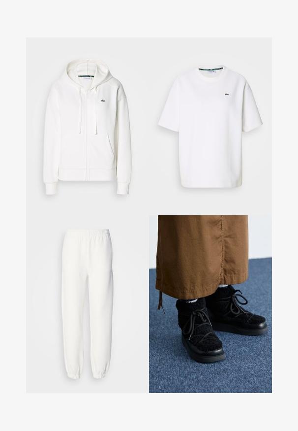 Biała bluza z kapturem na zamek, wykonana z miękkiego materiału, z kapturem, kieszeniami typu kangur i małym zielonym logo Lacoste na lewym piersi.; Biała koszulka Lacoste z krótkim rękawem i okrągłym dekoltem oraz małym zielonym logo krokodyla na lewej piersi.; Białe dresy ze softshelowego materiału, z elastycznym pasem i mankietami, które zapewniają luźny krój. Minimalistyczny design, bez widocznych wzorów czy akcentów.; Czarne puchate sneakersy z platformą, z sznurówkami, miękką teksturą i zaokrąglonym noskiem. Połączone z brązowym materiałem na dole.