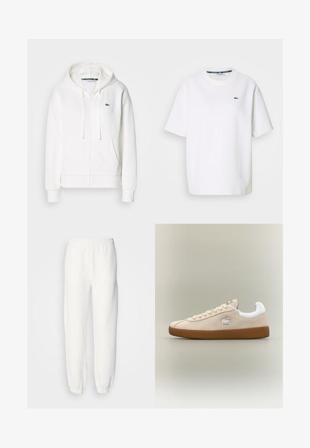Bílá mikina na zip vyrobená z měkké látky, s kapucí, klokankovými kapsami a malým zeleným logem Lacoste na levé straně hrudi.; Bílé tričko s krátkým rukávem značky Lacoste s kulatým výstřihem a malým zeleným krokodýlem na levé části hrudi.; Bílé tepláky vyrobené z měkké pleteniny. Elastický pás a manžety zajišťují pohodlný střih. Minimalistický design, žádné viditelné vzory nebo akcenty.; Béžové semišové tenisky s bílými akcenty a gumovou podrážkou. Vybaveny vyvýšeným logem na boku a kontrastními béžovými tkaničkami. Klasický design.