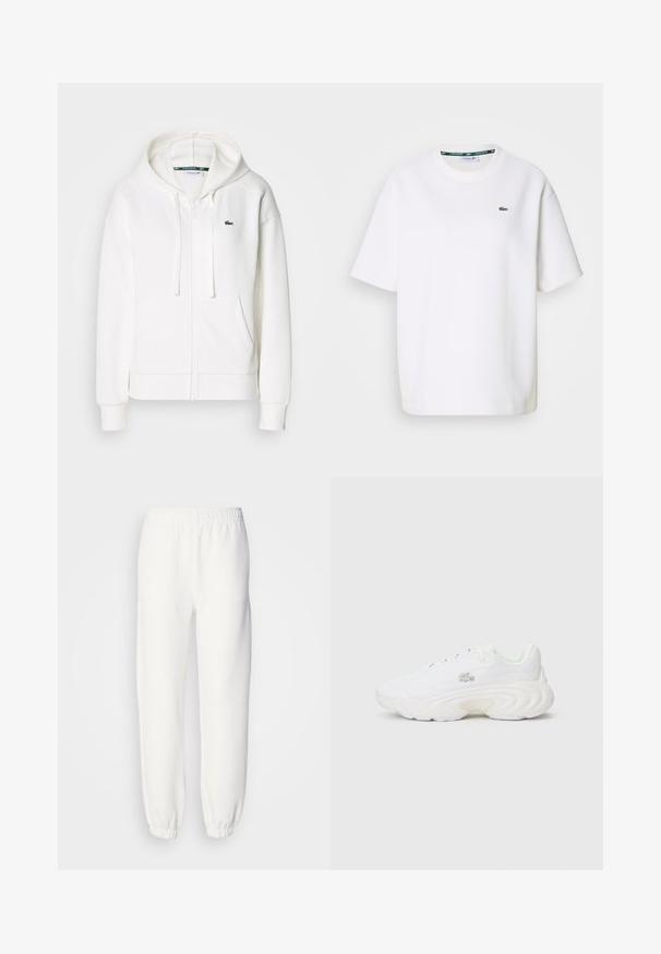 White zip-up hoodie made of soft fabric, featuring a hood, kangaroo pockets, and a small green Lacoste logo on the left chest.; White short-sleeve Lacoste T-shirt with crew neck and small green crocodile logo on the left chest.; White sweatpants made of soft, knitted fabric. Elastic waistband and cuffs provide a relaxed fit. Minimalist design, no visible patterns or accents.; White sneaker featuring a textured upper, prominent sole design, lace closure, and small logo detail. Smooth and lightweight construction.