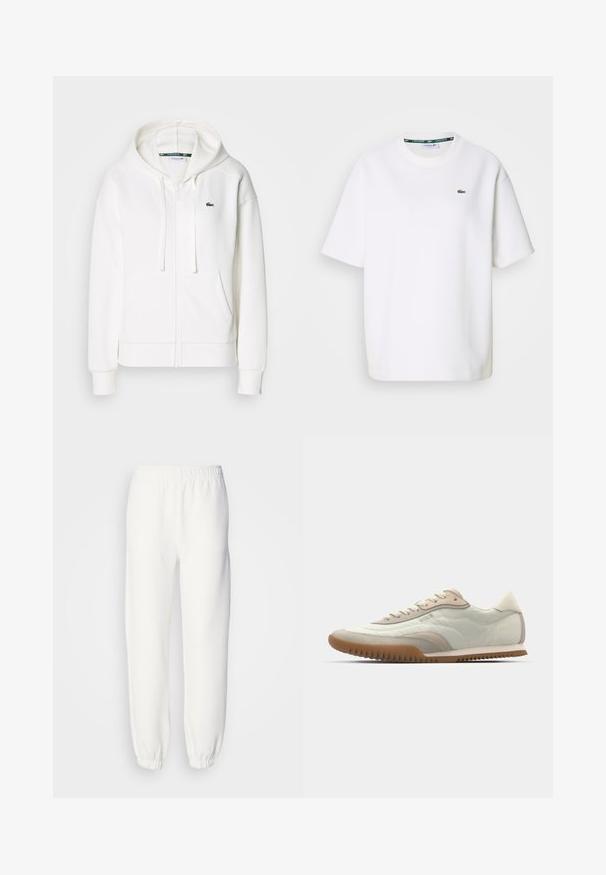 Balta užtrauktuku uždaroma hoodie pagaminta iš minkštos medžiagos, su kapišonu, kengūros kišenėmis ir mažuoju žaliuoju Lacoste logotipu kairėje krūtinės pusėje.; Balta trumpomis rankovėmis Lacoste marškinėliai su apvalia iškirpte ir mažu žaliu krokodilu logotipu kairėje krūtinės pusėje.; Balti sportiniai džinsai, pagaminti iš minkštos, megztos medžiagos. Elastinga juosta ir rankogaliai suteikia patogų prigludimą. Minimalistinis dizainas, be matomų raštų ar akcentų.; Baltos ir kreminės spalvos sportbačiai su lygiu paviršiumi ir zomšiniu akcentu, su tekstūruotu padu ir toniniu siuvimu. Raštuotas užsegimas su logotipo detale.
