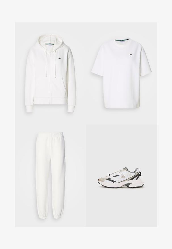 Valge lukuga kapuutsiga dressipluus, mis on valmistatud pehmest kangast. Sellel on kapuuts, konksukotid ja vasakul rinnal väike roheline Lacoste logo.; Valge lühikeste varrukatega Lacoste T-särk ümmarguse kaelusega ja väike roheline krokodillilogo vasakul rinnal.; Valged dressipüksid pehmest kootud kangast. Elastne vöökoht ja mansetid tagavad mugava istuvuse. Minimalistlik disain, ilma silmapaistvate mustrite või aktsentideta.; Valged ja hallid tossud, millel on võrgusilm ülemine osa, mustad aktsendid ja tekstuuriga tallaosa. Omab paelu, brändingut ja kontrastseid kujunduselemente.
