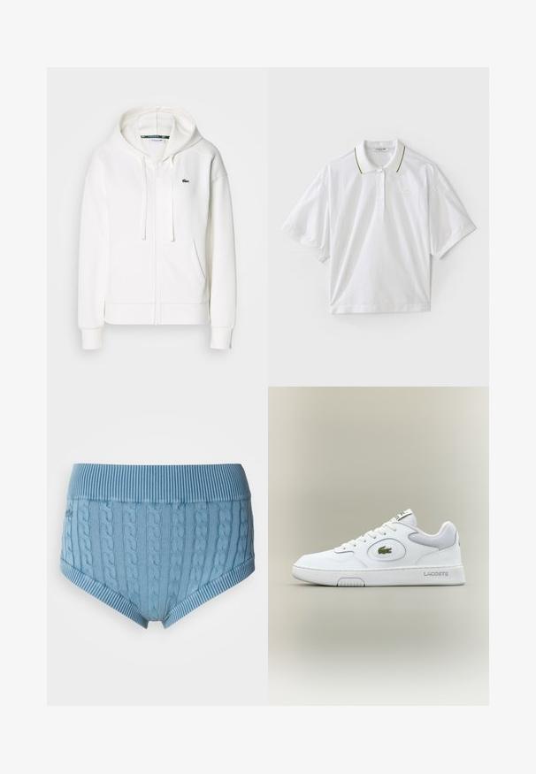 White zip-up hoodie made of soft fabric, featuring a hood, kangaroo pockets, and a small green Lacoste logo on the left chest.; White polo shirt with short sleeves, featuring a buttoned placket, green and yellow collar accents, and side mesh detailing. LACOSTE logo present.; Light blue cotton briefs with a ribbed waistband and cable-knit texture. Front and back feature horizontal stripes at the edges.; White leather sneaker with mesh accents, round toe, and flat laces. Features a green crocodile logo and "LACOSTE" branding on the heel.