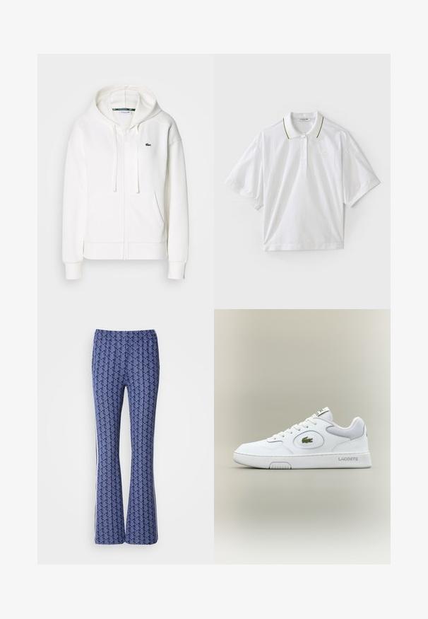 Balta užtrauktuku uždaroma hoodie pagaminta iš minkštos medžiagos, su kapišonu, kengūros kišenėmis ir mažuoju žaliuoju Lacoste logotipu kairėje krūtinės pusėje.; Baltas polo marškinėliai trumpomis rankovėmis, su mygtukų užsegimu, žaliais ir geltonais apykaklės akcentais bei šoninėmis tinklinėmis detalėmis. LACOSTE logotipas.; Mėlyni raštuoti platėjantys kelnių modeliai su geometriniu dizainu, elastinga juosta ir baltais šonų dryžiais. Visame paviršiuje lygus tekstūras.; Balti odiniai sportbačiai su tinkliniu akcentu, apvaliu nosiu ir plokščiomis raištelėmis. Ant kulno yra žalias krokodilo logotipas ir "LACOSTE" prekės ženklas.