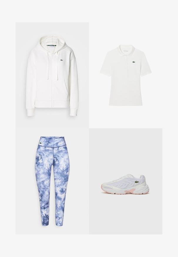 Vit zip-up hoodie gjord av mjukt tyg, med en huva, kängurufickor och en liten grön Lacoste-logga på vänster bröst.; Vit polo skjorta med korta ärmar, krage och knäppning med tre knappar. Har en liten grön Lacoste-logotyp på vänster bröst.; Tajta leggings i ett blått tie-dye-mönster, tillverkade av stretchigt material. Har en bred midja och en liten logotyp på framsidan.; Vitaidrottskor i vitt med en strukturerad mesh-överkonstruktion, subtila rosa detaljer på sulan och en grön krokodil-logotyp på sidan.