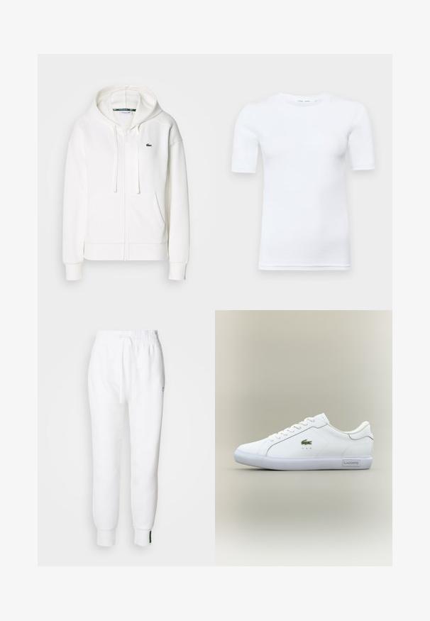 Biely zipsový mikina vyrobená z mäkkej tkaniny, s kapucňou, klokankovými vreckami a malým zeleným logom Lacoste na ľavej hrudi.; Biely krátky rukávový tričko vyrobené z bavlny. Má okrúhly výstrih a hladkú textúru, s minimálnym švom viditeľným na leme.; Biele jogger nohavice s elastickým pásom a šnúrkou, so bočnými vreckami a rebrovanými manžetami. Mäkká tkanina s vyšívaným logom.; Biele nízke tenisky s bielymi šnúrkami, zeleným krokodílim logom na boku a štítkom "Lacoste" na podrážke na neutrálne pozadí.