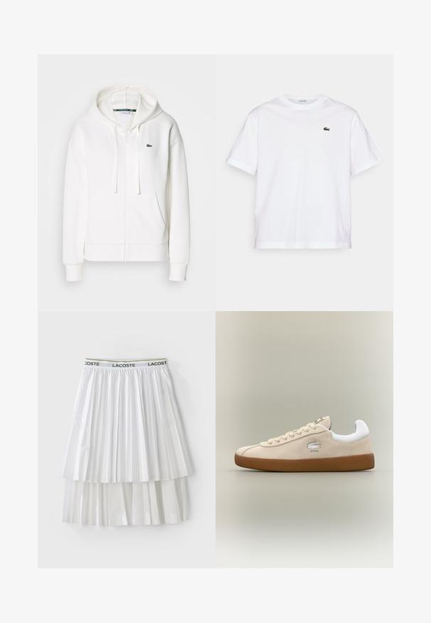 Biała bluza z kapturem na zamek, wykonana z miękkiego materiału, z kapturem, kieszeniami typu kangur i małym zielonym logo Lacoste na lewym piersi.; Biała bawełniana koszulka z okrągłym dekoltem i krótkimi rękawami. Posiada zielone haftowane logo na piersi. Miękka tekstura, luźny krój.; Biała plisowana spódnica z teksturowanym wzorem, z elastycznym paskiem z logo. Materiał ma gładkie wykończenie z warstwowymi segmentami.; Beżowe zamszowe sneakersy z białymi akcentami i gumową podeszwą. Posiadają podniesione logo z boku oraz kontrastujące beżowe sznurowadła. Klasyczny design.