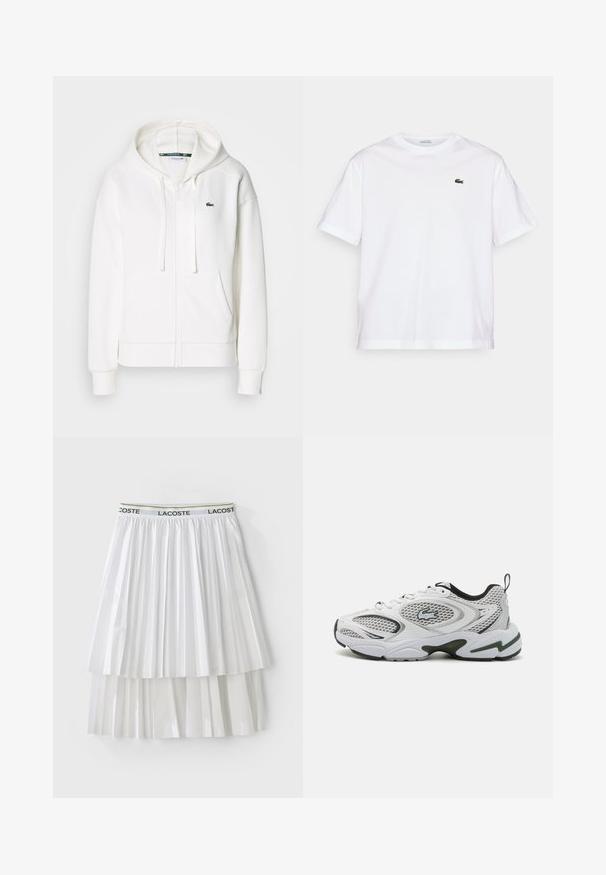 Bela zip-up kapuca iz mehkega materiala, z kapuco, kenguru žepi in majhnim zelenim Lacoste logotipom na levi strani prsnega koša.; Bela bombažna majica s krožno ovratnikom in kratkimi rokavi. Ima zeleno vezeno logo na prsih. Mehka tekstura, sproščen kroj.; Bela plisirana krila z teksturiranim dizajnom, ki ima blagovno znamko na elastičnem pasu. Material ima gladko površino s plasti segmentov.; Bele športne čevlje z mrežastimi paneli, črnimi detajli in teksturiranim podplatom. Imajo eleganten dizajn in izrazit logotip na strani.