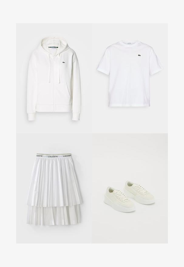 Hvid zip hoodie lavet af blødt stof, med hætte, kængurulommer og et lille grønt Lacoste-logo på venstre bryst.; Hvid bomulds T-shirt med rund halsudskæring og korte ærmer. Har et grønt broderet logo på brystet. Blød tekstur, afslappet pasform.; Hvid plisseret nederdel med et tekstureret design, der har en elastisk talje med logo. Materialet har en glat overflade med lagdelte sektioner.; Hvide lave sneakers med tykke såler og snørebånd, med perforerede detaljer på siderne og tåområdet, vist på en hvid baggrund.