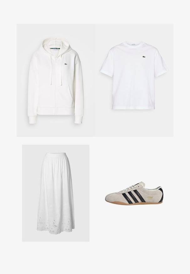 Felpa bianca con zip realizzata in tessuto morbido, dotata di cappuccio, tasche a marsupio e un piccolo logo verde di Lacoste sul lato sinistro del petto.; T-shirt bianco in cotone con scollo rotondo e maniche corte. Caratterizzato da un logo ricamato verde sul petto. Tessuto morbido, vestibilità comoda.; Gonna midi bianca con elastico in vita, caratterizzata da ricami floreali e dettagli a taglio sull'orlo, realizzata in tessuto leggero.; Sneaker in suede con tomaia grigia, strisce nere e suola in gomma color cuoio. Presenta una chiusura con lacci e un dettaglio del logo dorato sul lato.
