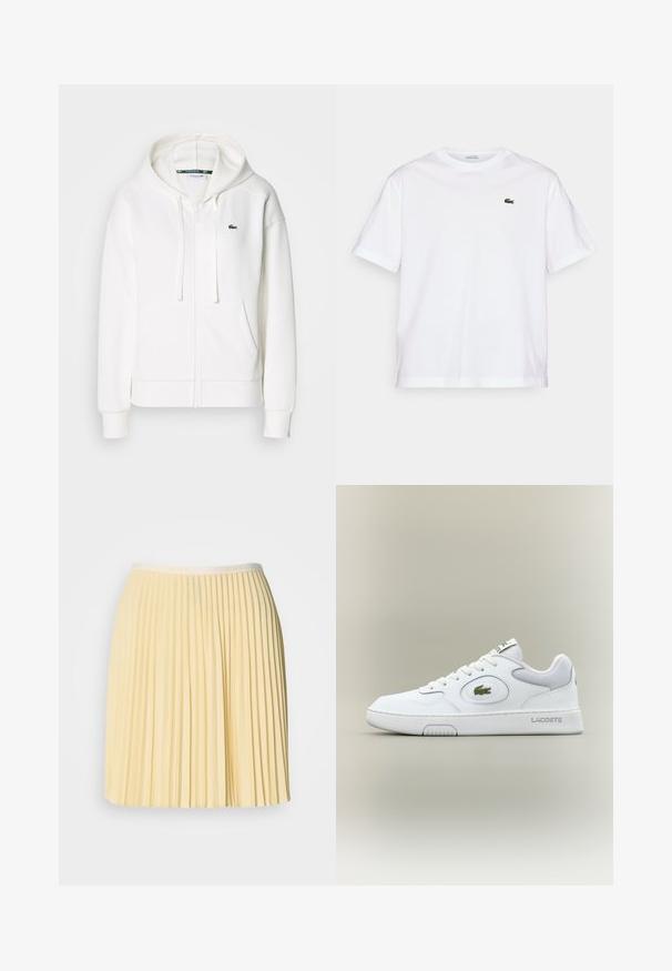 Bijela zip-up dukserica od mekanog materijala, s kapuljačom, kengur džepovima i malim zelenim Lacoste logom na lijevoj strani grudi.; Bijela pamučna majica s okruglim izrezom i kratkim rukavima. Ima zeleni izvezeni logo na prsima. Mekana tekstura, opušteni kroj.; Svijetložuta plisirana suknja s remenom na kojem je logotip Lacoste. Izrađena od laganog materijala, ima lepršavi dizajn i glatku teksturu.; Bijele kožne tenisice s mrežastim detaljima, okruglim vrhom i ravnim vezicama. Imaju zeleni krokodil logo i "LACOSTE" marku na peti.