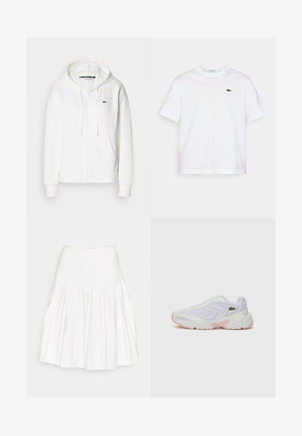 Bela zip-up kapuca iz mehkega materiala, z kapuco, kenguru žepi in majhnim zelenim Lacoste logotipom na levi strani prsnega koša.; Bela bombažna majica s krožno ovratnikom in kratkimi rokavi. Ima zeleno vezeno logo na prsih. Mehka tekstura, sproščen kroj.; Bela plisirana krila z gladkim pasom, tekočim materialom in navpičnimi gubami, ki ustvarjajo teksturo in polnost.; Bele športne čevlje z teksturirano mrežasto zgornjim delom, subtilnimi rožnatimi akcenti na podplatu in zelenim krokodilovim logotipom na strani.