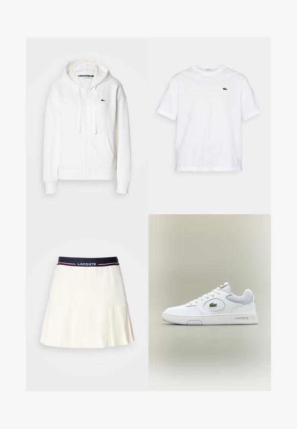 Witte zip-up hoodie gemaakt van zachte stof, met een capuchon, kangoeroezakken en een klein groen Lacoste-logo op de linkerborst.; Witte katoenen T-shirt met een ronde hals en korte mouwen. Bevat een groen geborduurd logo op de borst. Zachte textuur, losse pasvorm.; Witte geplooide rok met een marineblauwe tailleband, voorzien van een Lacoste-logo en rode accenten. Gemaakt van een gladde, zachte stof.; Witte leren sneaker met gaasaccenten, ronde neus en platte veters. Kenmerkt zich door een groen krokodillenlogo en "LACOSTE" branding op de hiel.
