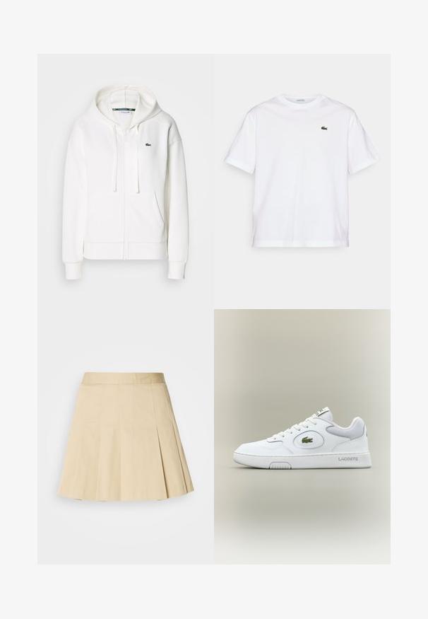 Sudadera blanca con cremallera hecha de tela suave, que cuenta con una capucha, bolsillos tipo canguro y un pequeño logo verde de Lacoste en el lado izquierdo del pecho.; Camiseta de algodón blanca con cuello redondo y mangas cortas. Presenta un logotipo bordado en verde en el pecho. Tejido suave, corte relajado.; Falda plisada de algodón en beige claro, con una cinturilla y cuatro costuras verticales en la parte delantera. El dobladillo es ligeramente acampanado para mayor movimiento.; Zapatilla blanca de cuero con detalles de malla, punta redonda y cordones planos. Presenta un logo de cocodrilo verde y la marca "LACOSTE" en el talón.