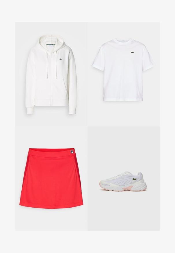 Bijela zip-up dukserica od mekanog materijala, s kapuljačom, kengur džepovima i malim zelenim Lacoste logom na lijevoj strani grudi.; Bijela pamučna majica s okruglim izrezom i kratkim rukavima. Ima zeleni izvezeni logo na prsima. Mekana tekstura, opušteni kroj.; Crvena atletska suknja izrađena od glatkog, rastezljivog materijala. Ima prilagođeni pojas i bočne šavove, s malim logom na pojasu.; Bijele atletske cipele s teksturiranim mrežastim gornjištem, suptilne ružičaste akcentne boje na potplatu i zeleni krokodilov logotip sa strane.