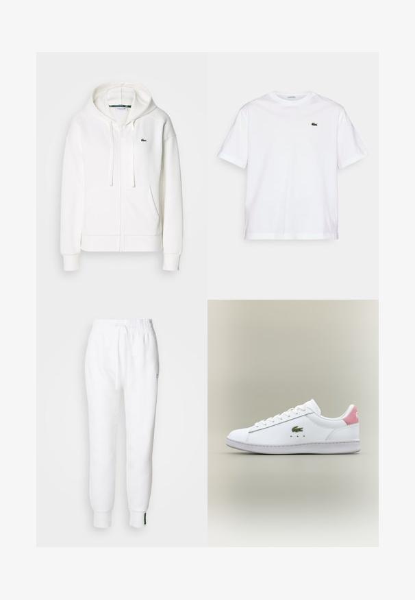 Fehér cipzáras kapucnis pulóver, puha anyagból, kapucnival, kenguru zsebekkel és egy kis zöld Lacoste logóval a bal mellen.; Fehér pamut póló, kerek nyakkivágással és rövid ujjakkal. A mellkason zöld hímzett logóval rendelkezik. Puha tapintású, laza szabású.; Fehér joggersnadrág elasztikus derékkal és húzózsinórral, oldalsó zsebekkel és bordás mandzsettákkal. Puha anyag, hímzett logóval.; Fehér bőr sneaker rózsaszín sarkú akcentussal, zöld logóval és fűzős dizájnnal. Simább textúra, lekerekített orr és gumitalp.